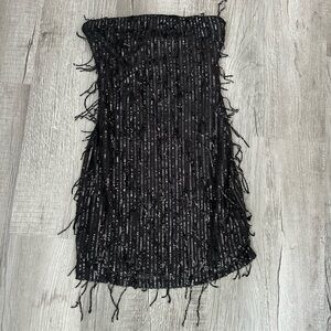 Black Sequin Fringe Strapless Dress